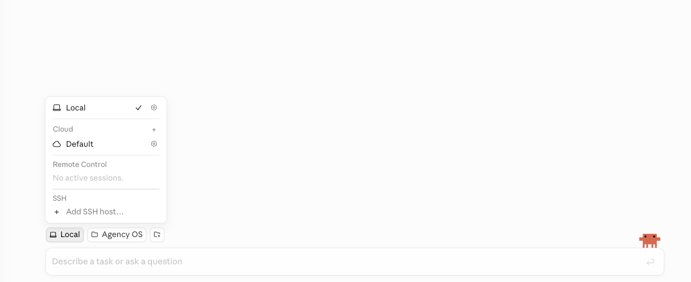 Claude Desktop App mode selector showing Local selected, with Cloud / Default, Remote Control, and SSH options