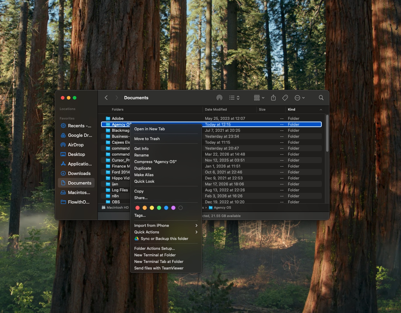 Right-click Agency OS folder in Finder and select New Terminal at Folder