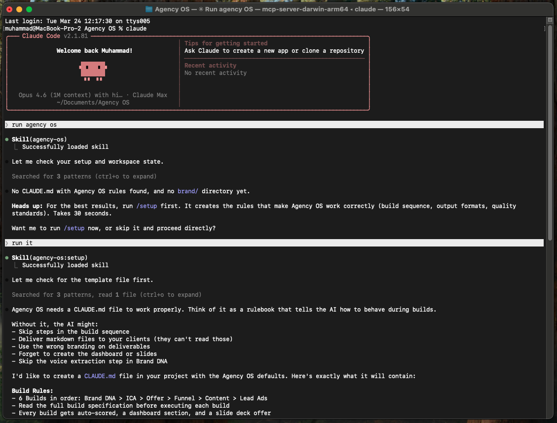 Agency OS running setup and creating CLAUDE.md rules